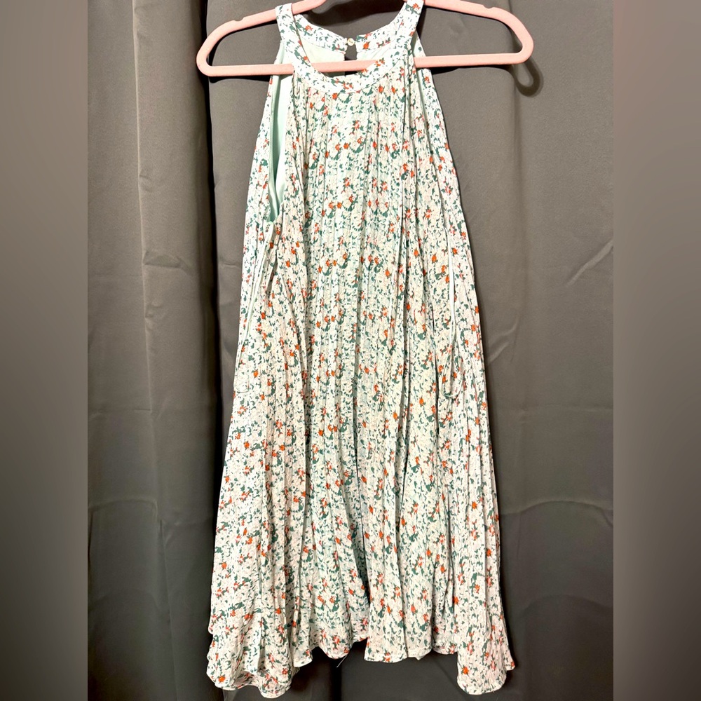 Melloday-teal floral halter fan dress. size M